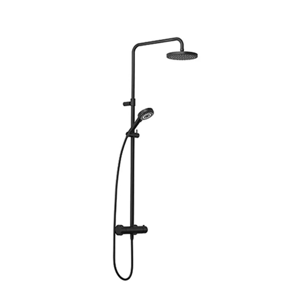 Kludi Duschsystem in mattschwarz mit Regendusche und Handbrause. Das Thermostat ist an einer senkrechten Halterung montiert.